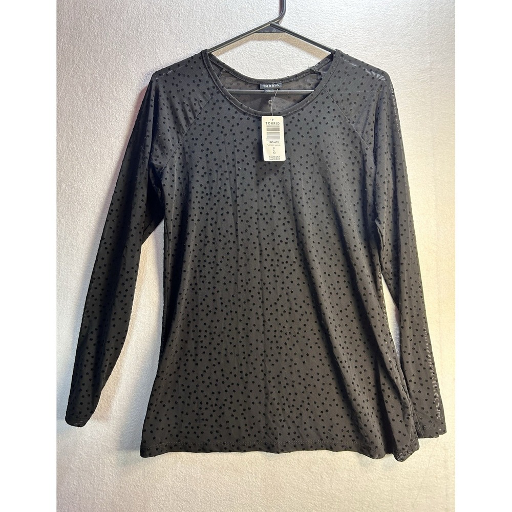 Torrid Women's 0 Black Mesh Flocked Star Round Neck Raglan Long Sleeve Top
